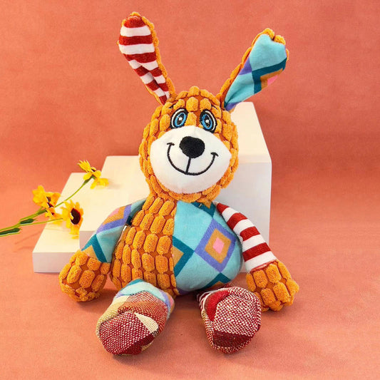 Colorful Plush Bunny Toy with striped ears and patterned body.