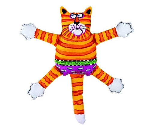Colorful plush tiger toy with orange stripes and multiple limbs, perfect for playtime.