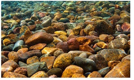 Colorful river stones in various shades of brown and orange, perfect for landscaping.