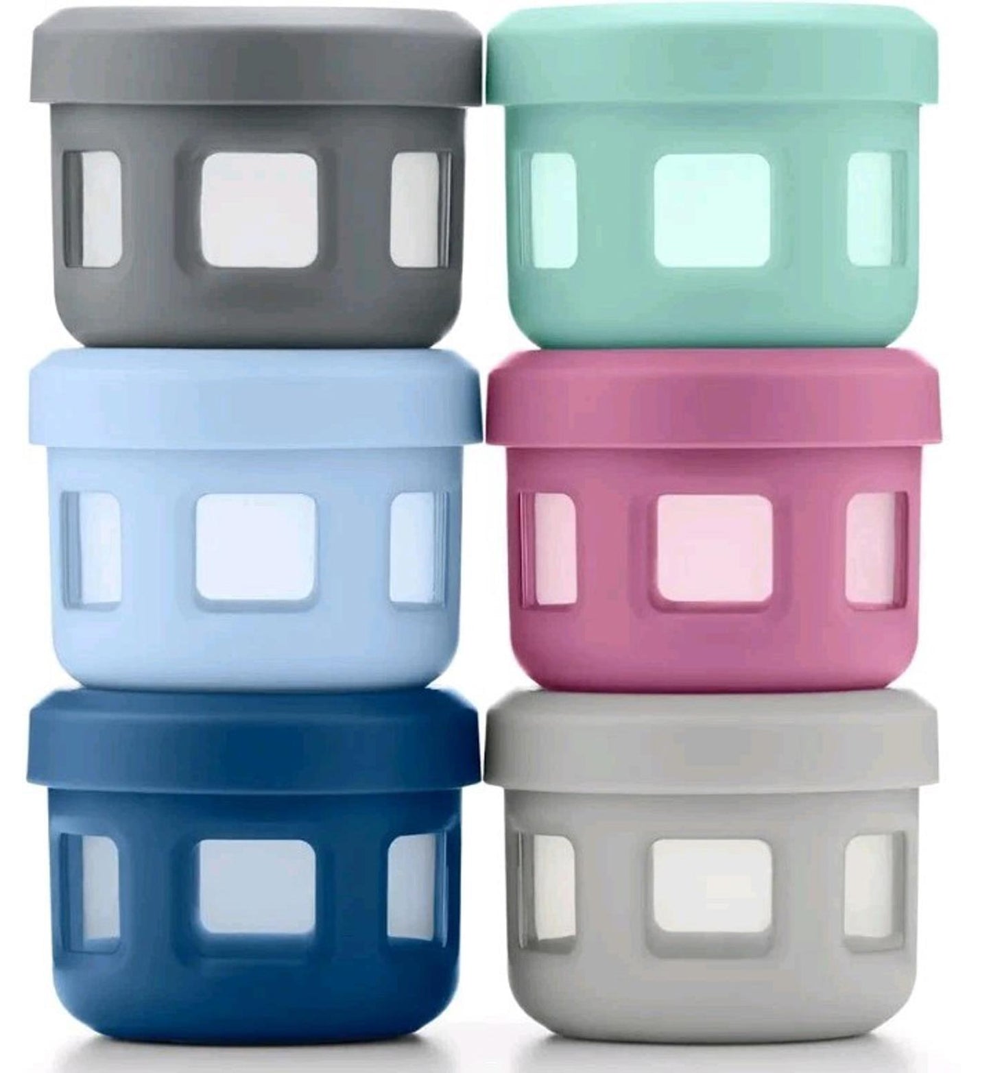 Storage containers set featuring six colorful bins in gray, blue, pink, and green with transparent windows.