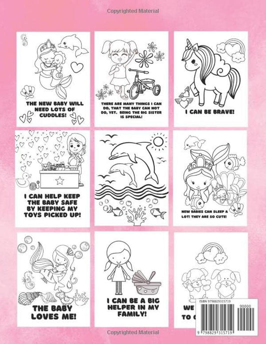 Coloring book for kids featuring unicorns, dolphins, and playful characters on a pink background.