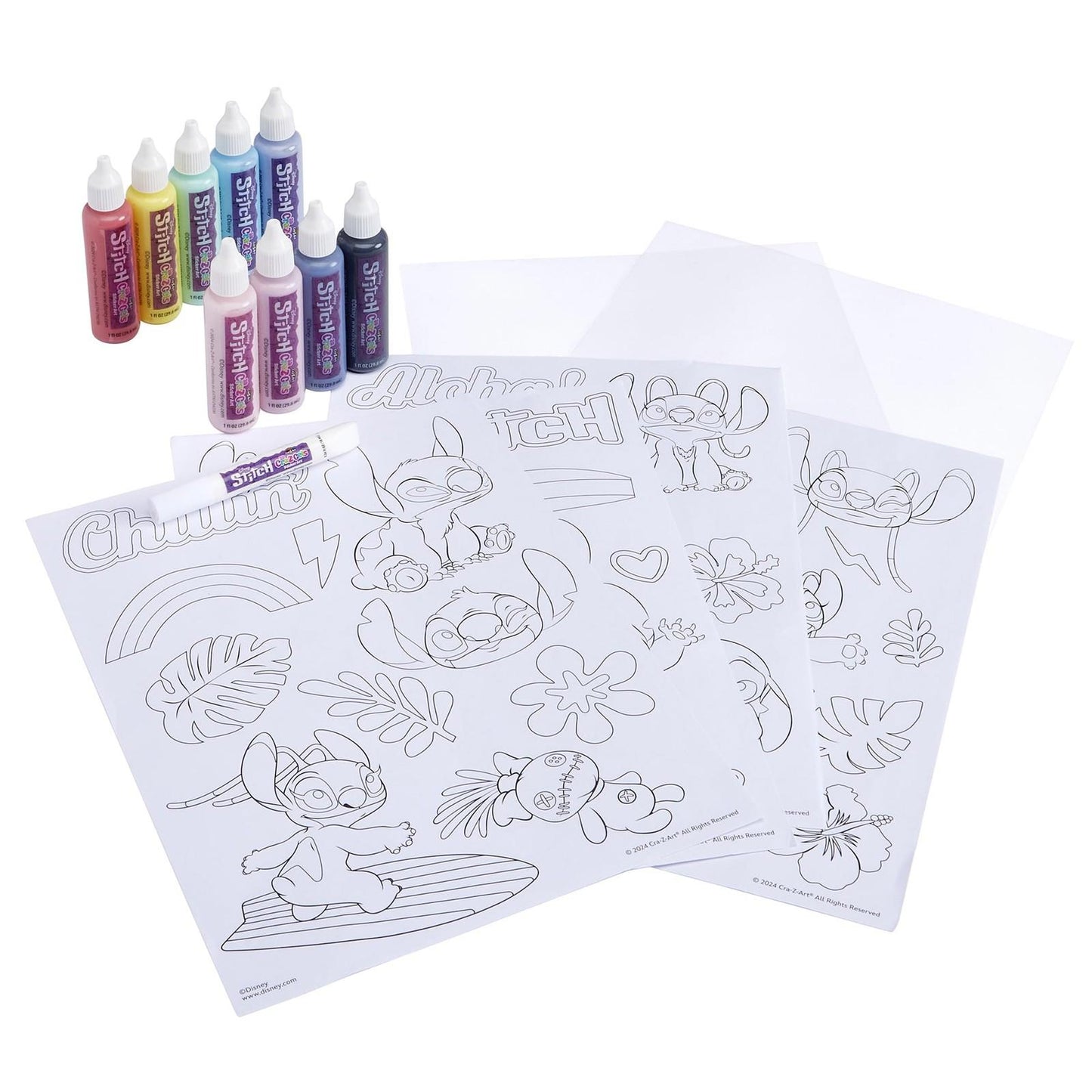 Coloring Kit with Stitch-themed coloring pages and glitter paints for creative fun.