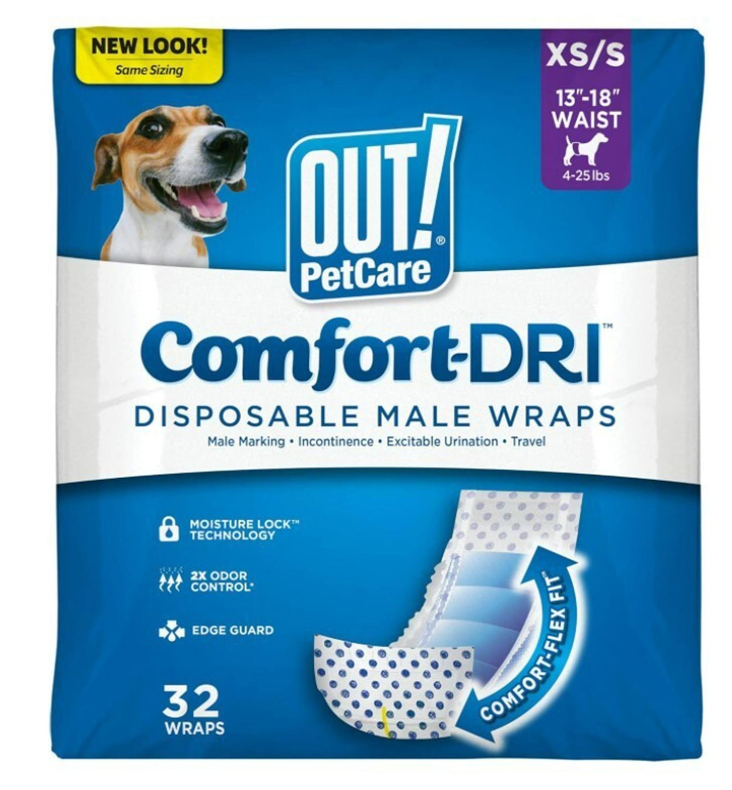 Comfort-DRI disposable male wraps for dogs, featuring moisture lock technology and comfortable fit.
