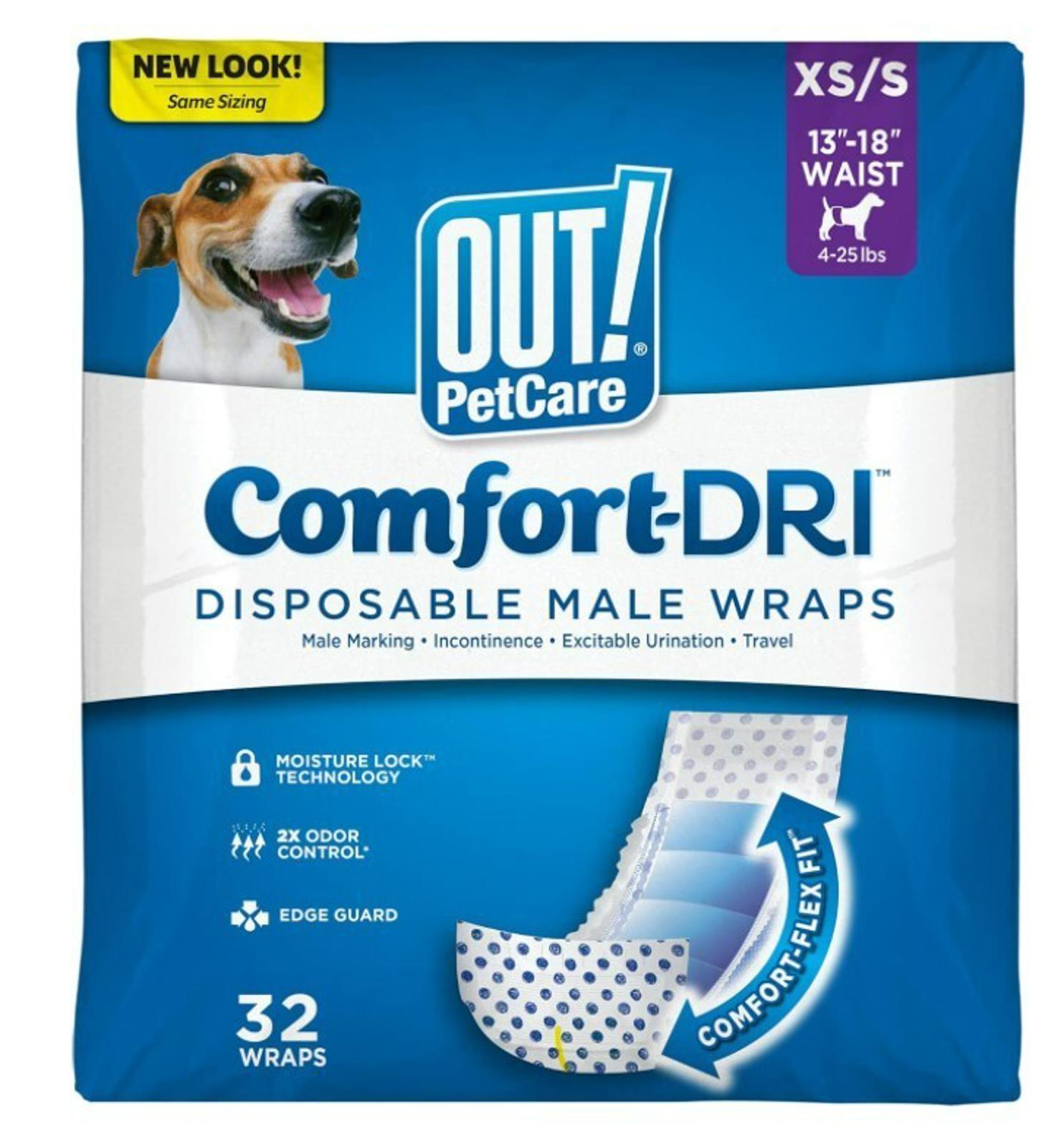 Comfort-DRI disposable male wraps for dogs, featuring moisture lock technology and comfortable fit.