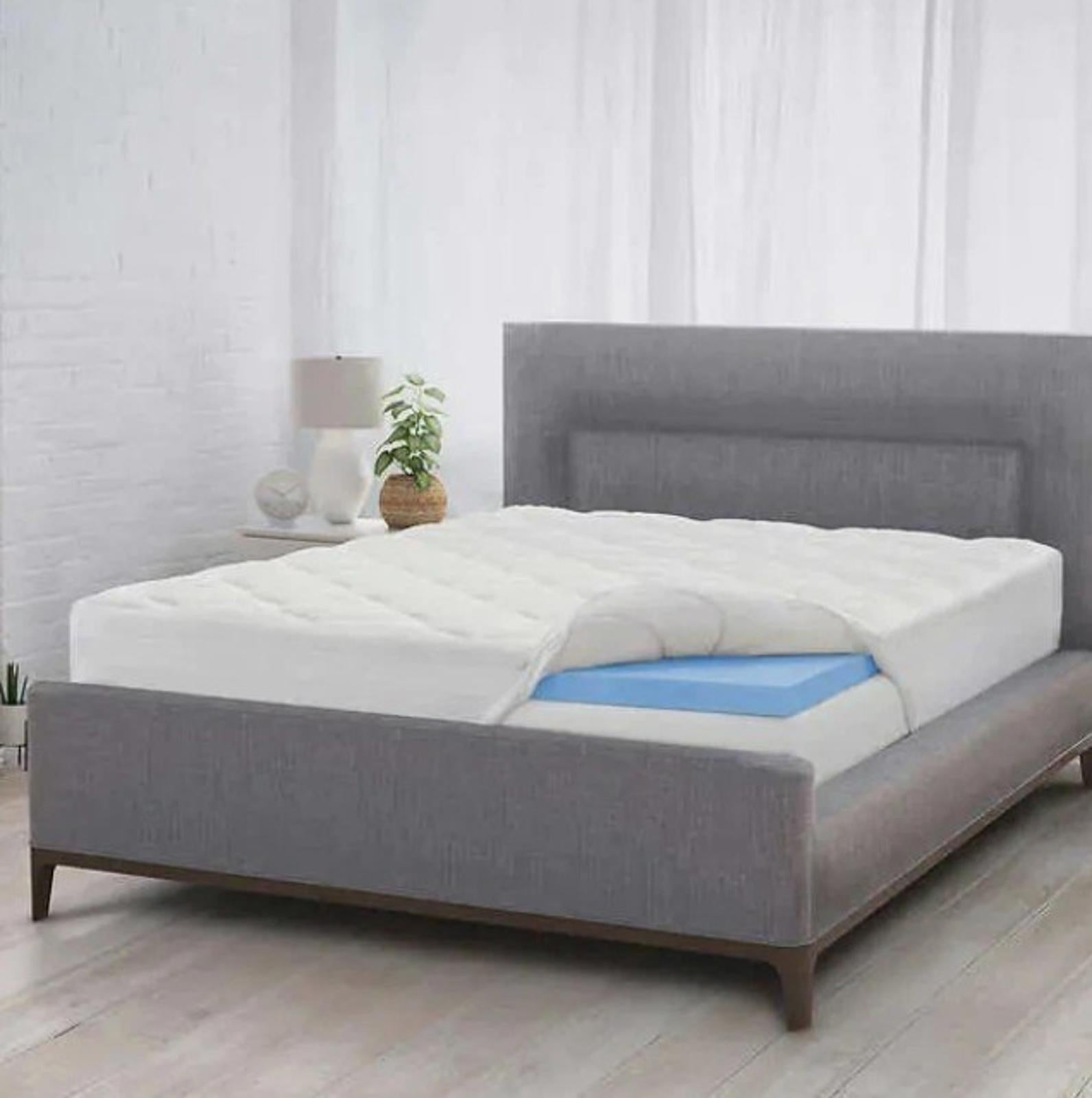 Comfort Plus Mattress Topper featuring a soft white cover and blue gel layer for enhanced support.