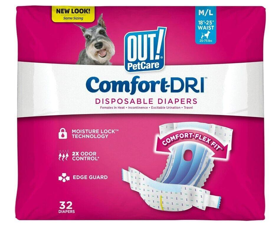 ComfortDRI disposable diapers for dogs, featuring moisture lock technology and edge guard.
