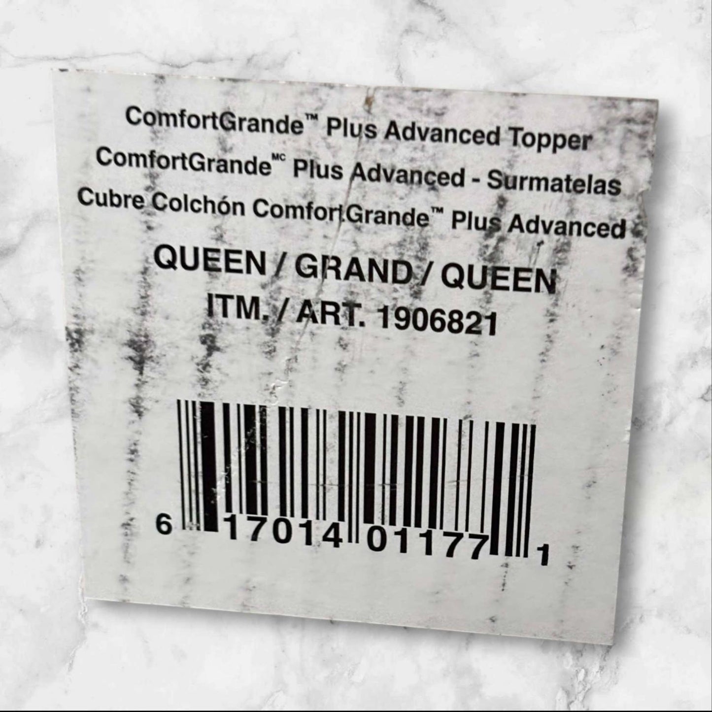 ComfortGrande Plus Advanced Topper label with barcode for queen size mattress.
