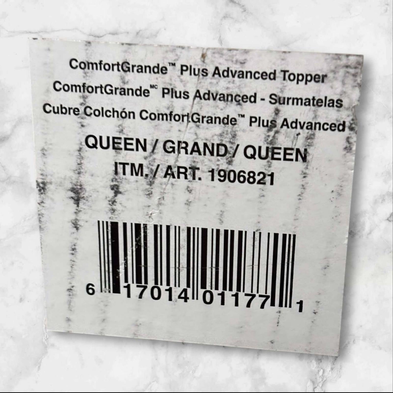 ComfortGrande Plus Advanced Topper label with barcode for queen size mattress.