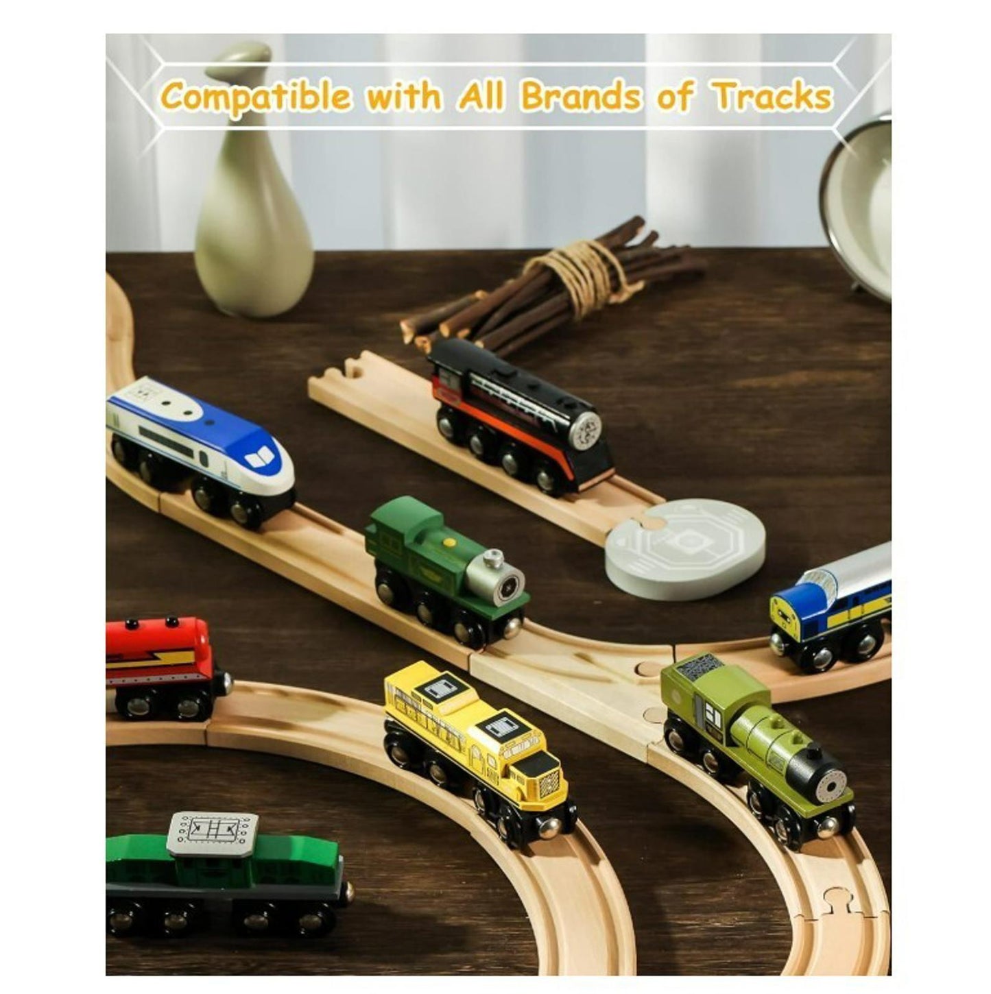Compatible with All Brands of Tracks toy trains on wooden tracks, featuring various colors and designs.