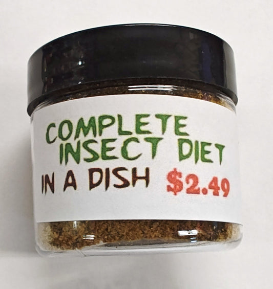 Complete Insect Diet in a dish, featuring a clear jar with a black lid and a label showing the price.