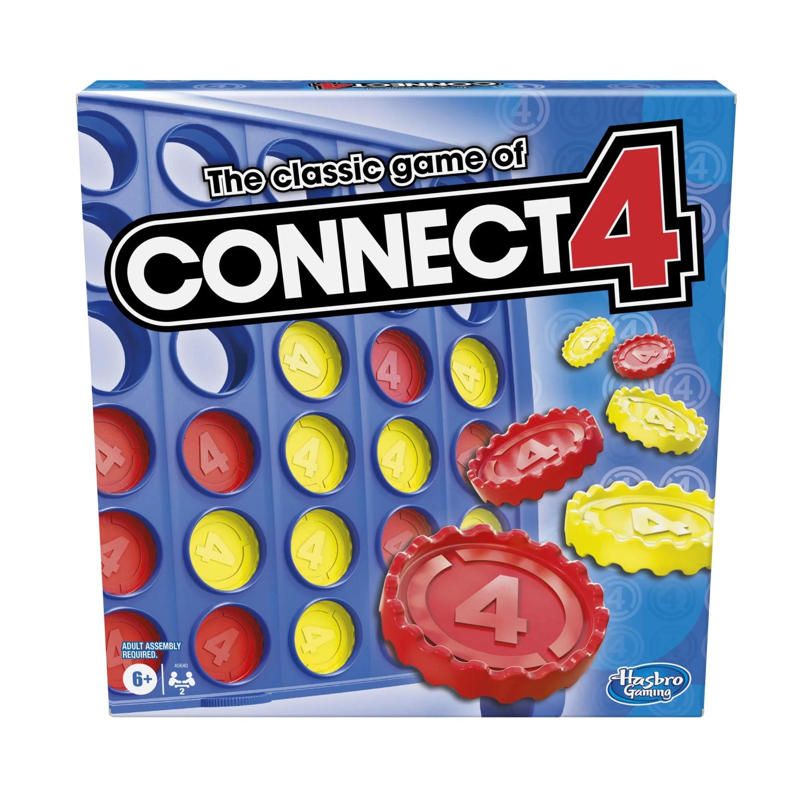 Connect 4 board game box featuring red and yellow discs with a blue grid background.