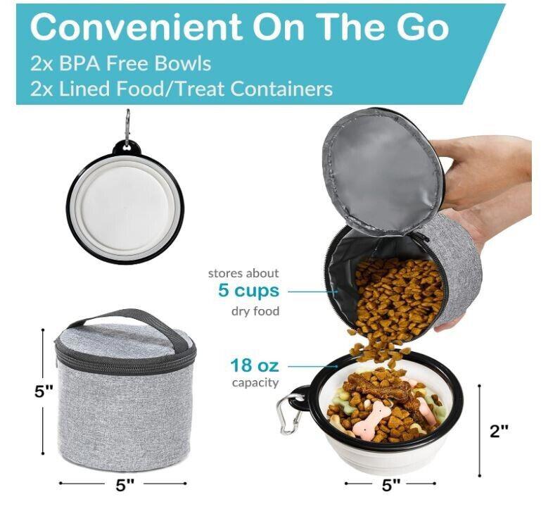 Convenient On The Go food containers with 2 BPA free bowls and lined treat containers, ideal for pet travel.