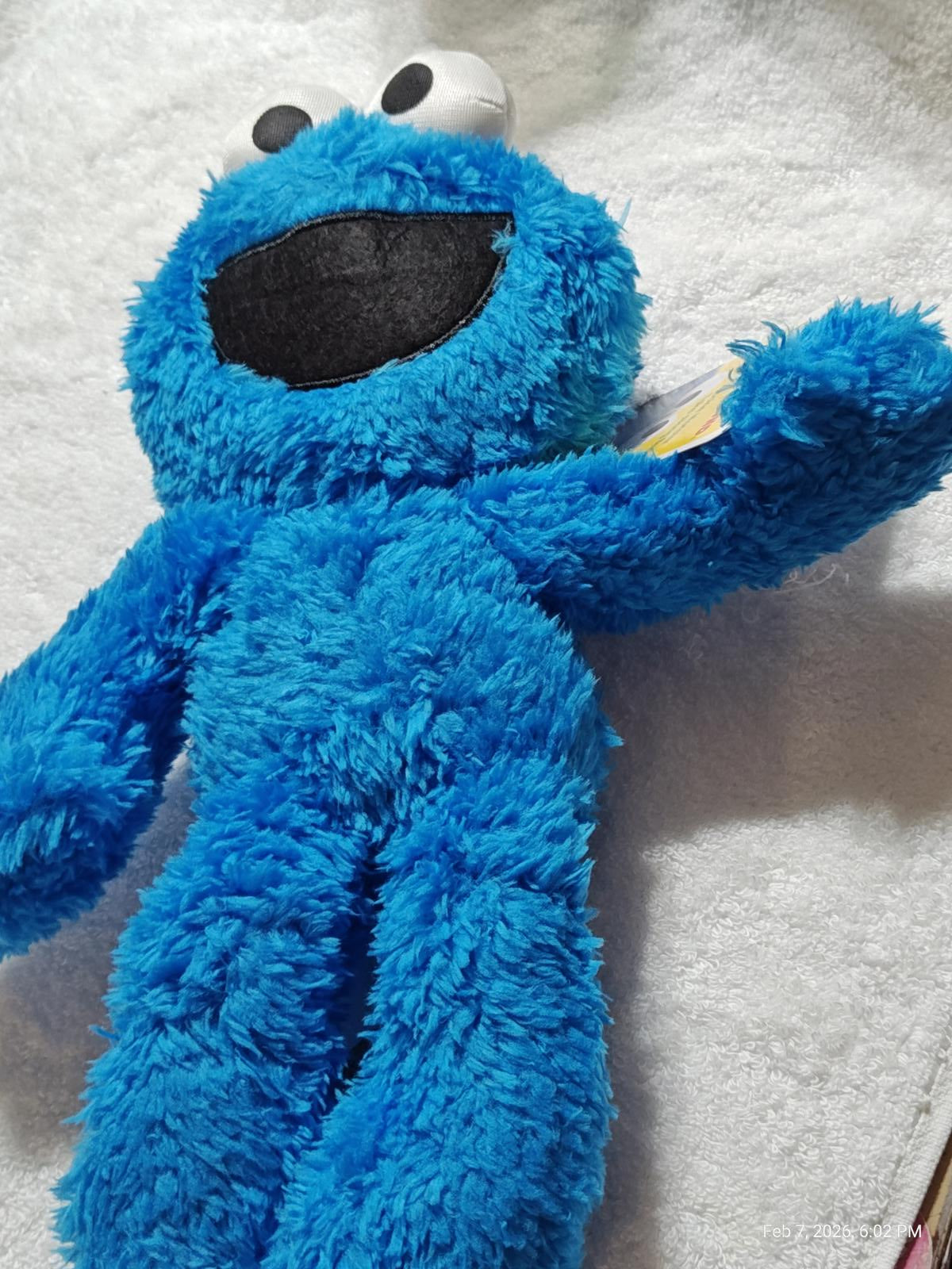 Cookie Monster plush toy with bright blue fur and large eyes, perfect for cuddling.