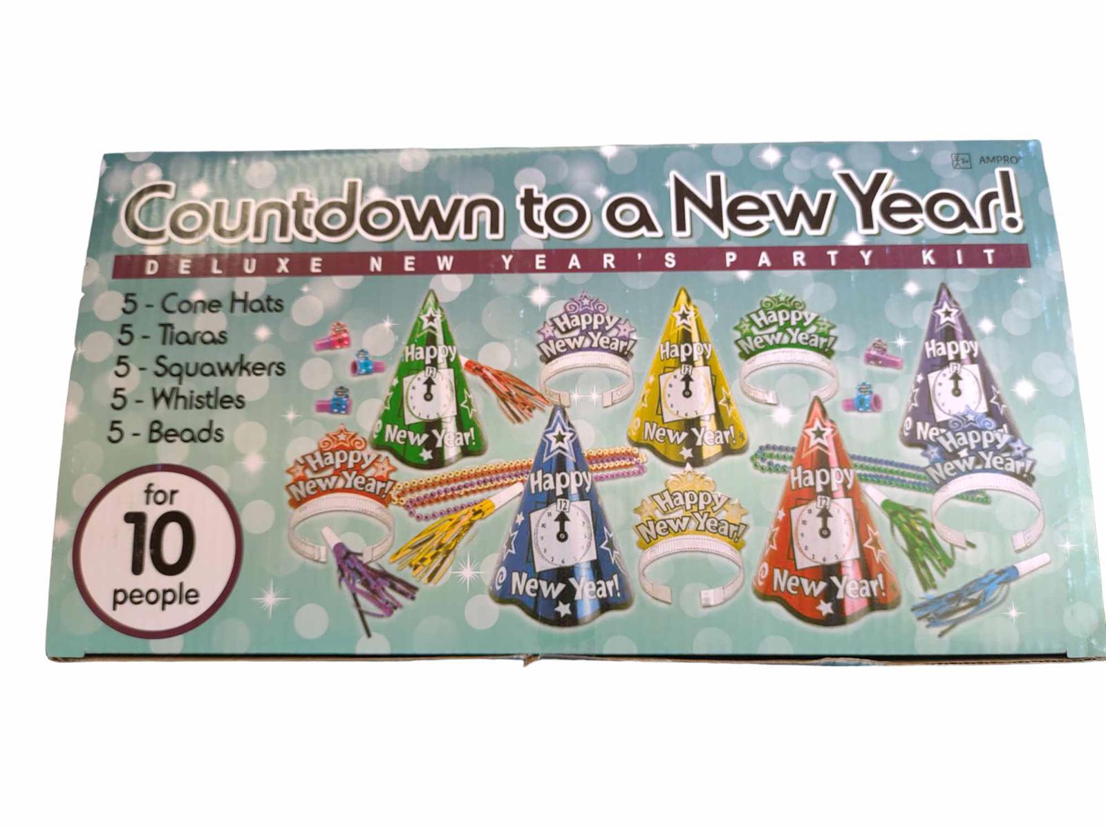 Countdown to a New Year party kit for 10 people featuring colorful hats, noisemakers, and beads.