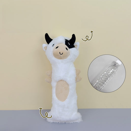 Cow plush toy with black and white features, soft texture, and a cute smiling face.