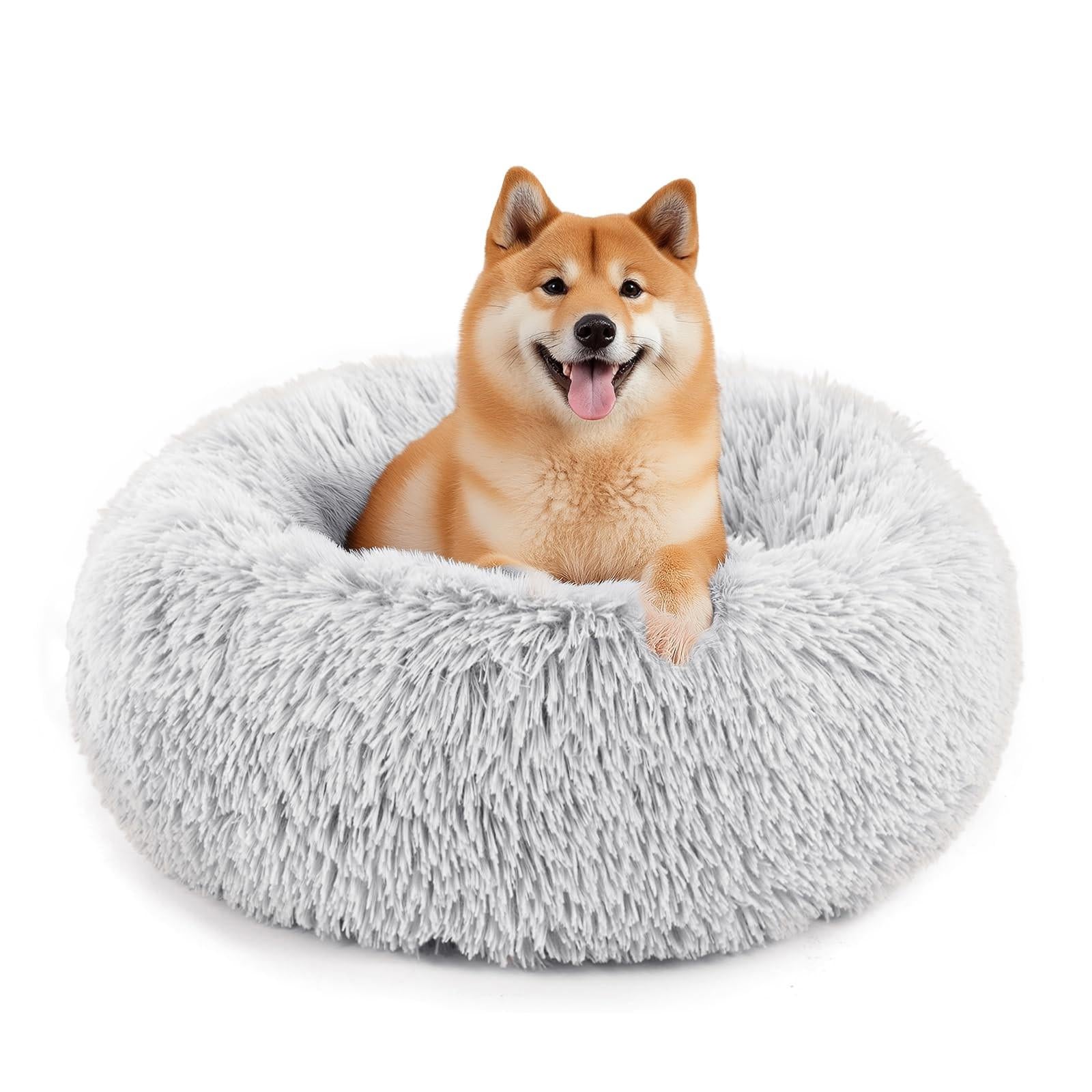Cozy Dog Bed featuring a fluffy gray design with a happy Shiba Inu resting inside.