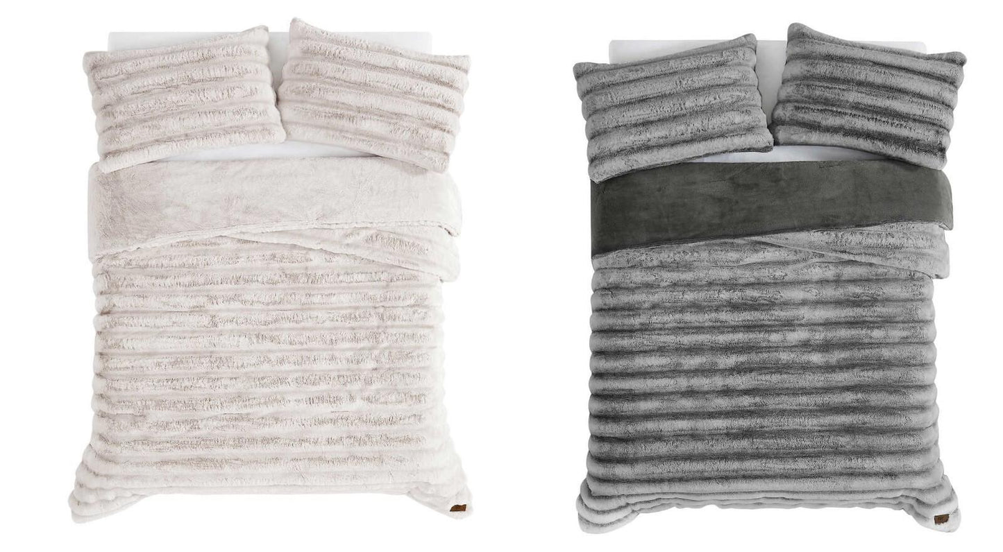 Cozy Faux Fur Comforter Set featuring soft beige and gray colors with matching pillows.