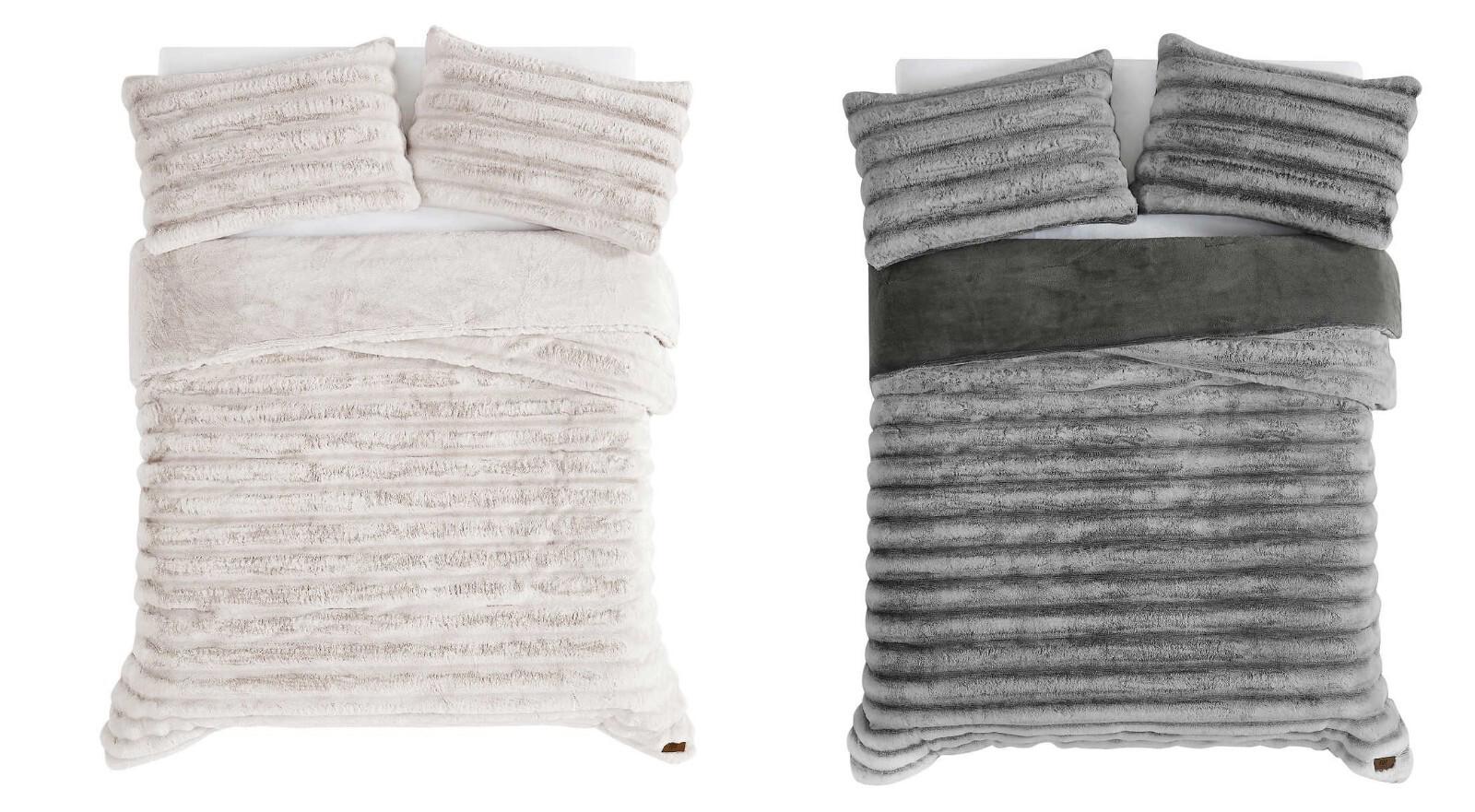 Cozy Faux Fur Comforter Set featuring soft beige and gray colors with matching pillows.