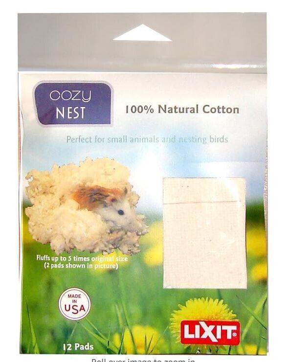 Cozy Nest 100% natural cotton pads for small animals and nesting birds, shown in packaging.
