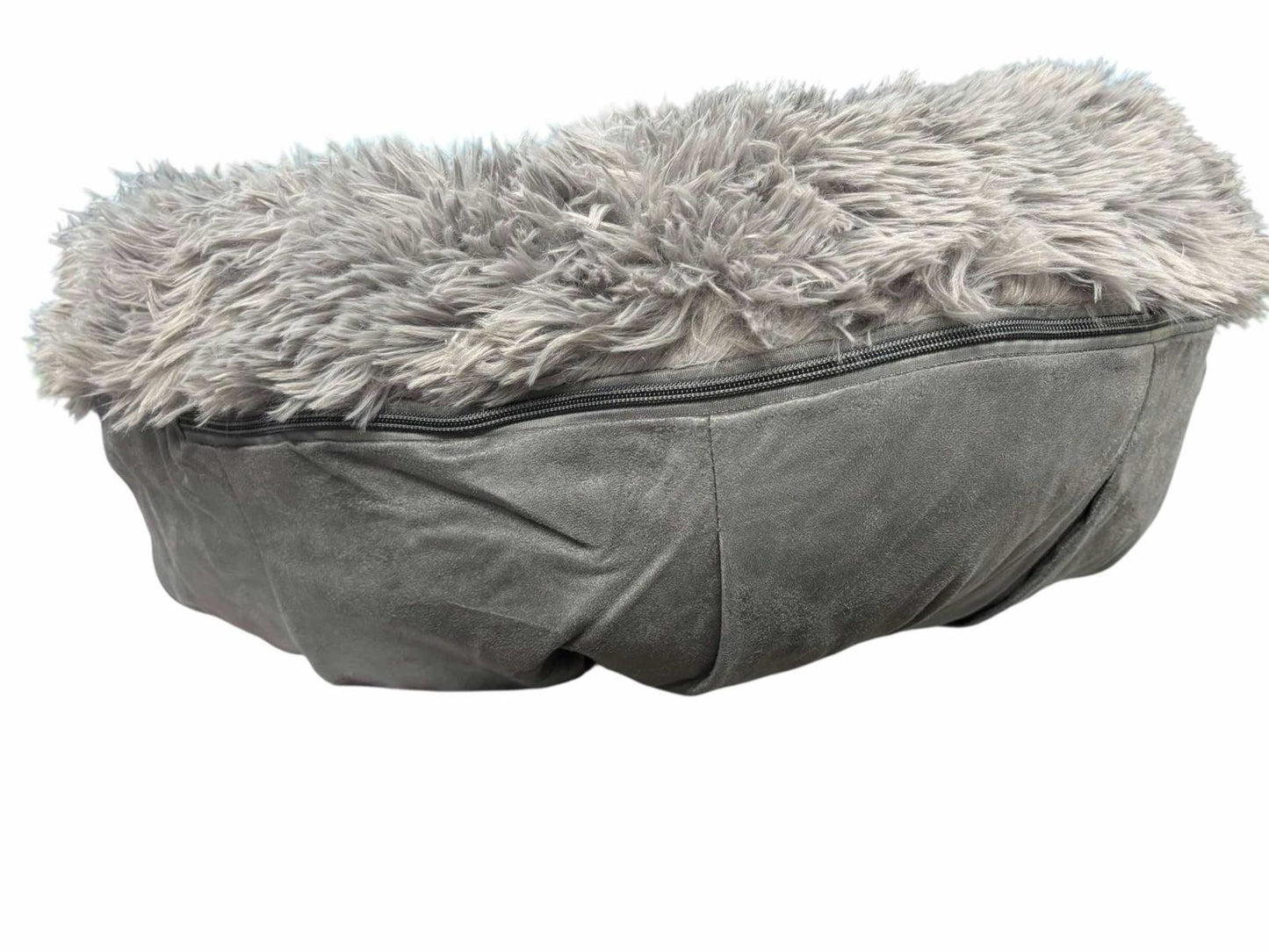 Cozy pet bed with a plush gray faux fur top and soft suede base for ultimate comfort.