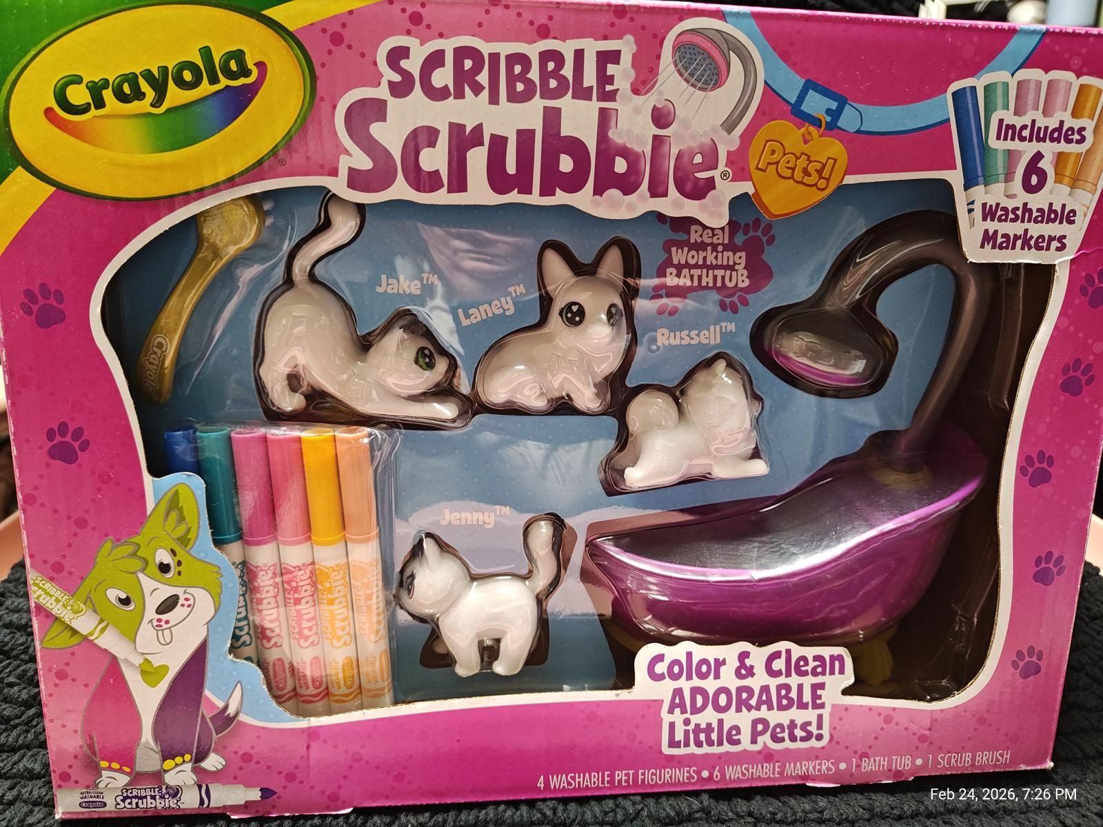 Crayola Scribble Scrubbie set featuring adorable little pet figures and washable markers.