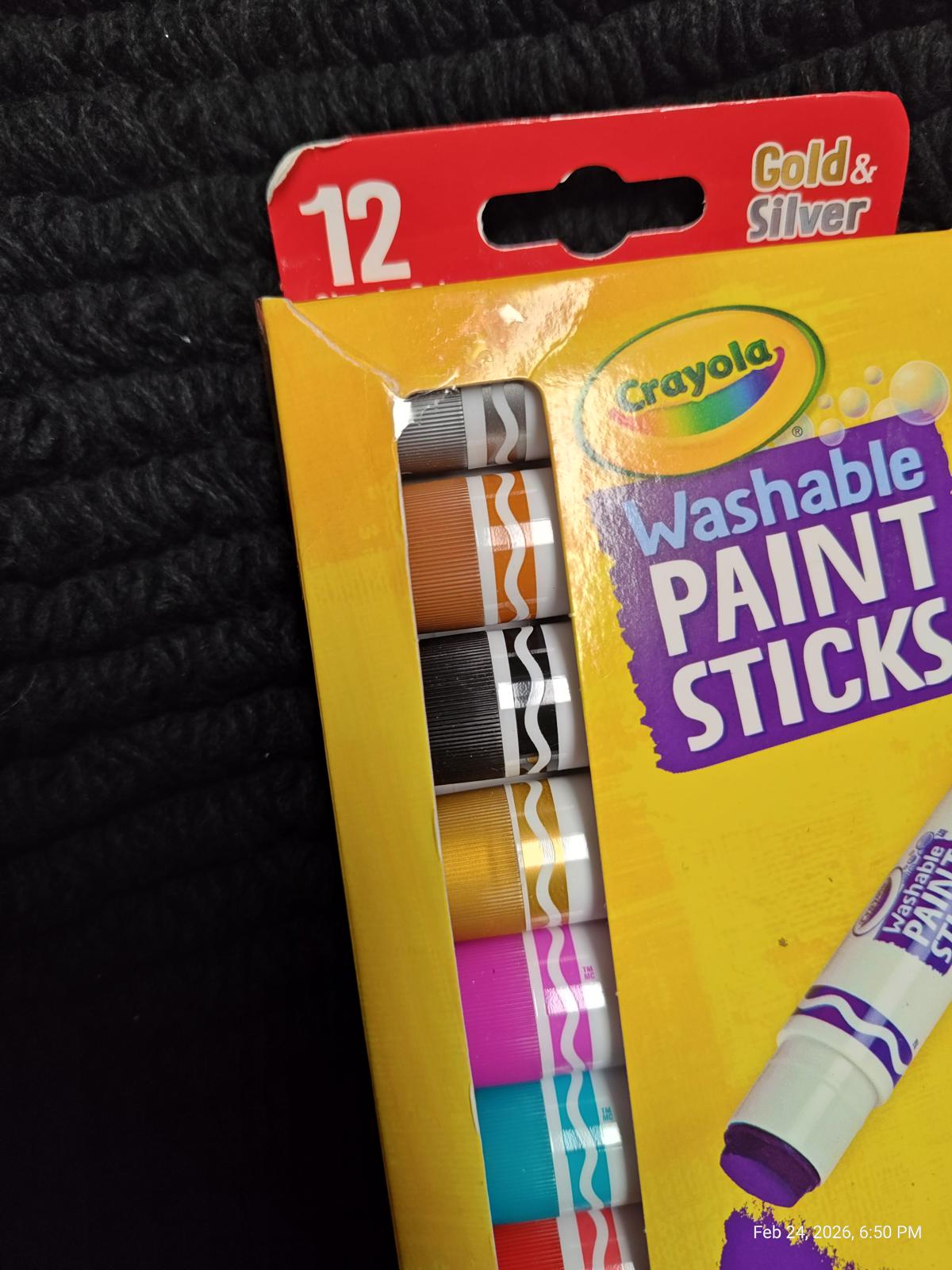Crayola Washable Paint Sticks set featuring 12 vibrant colors including gold and silver.