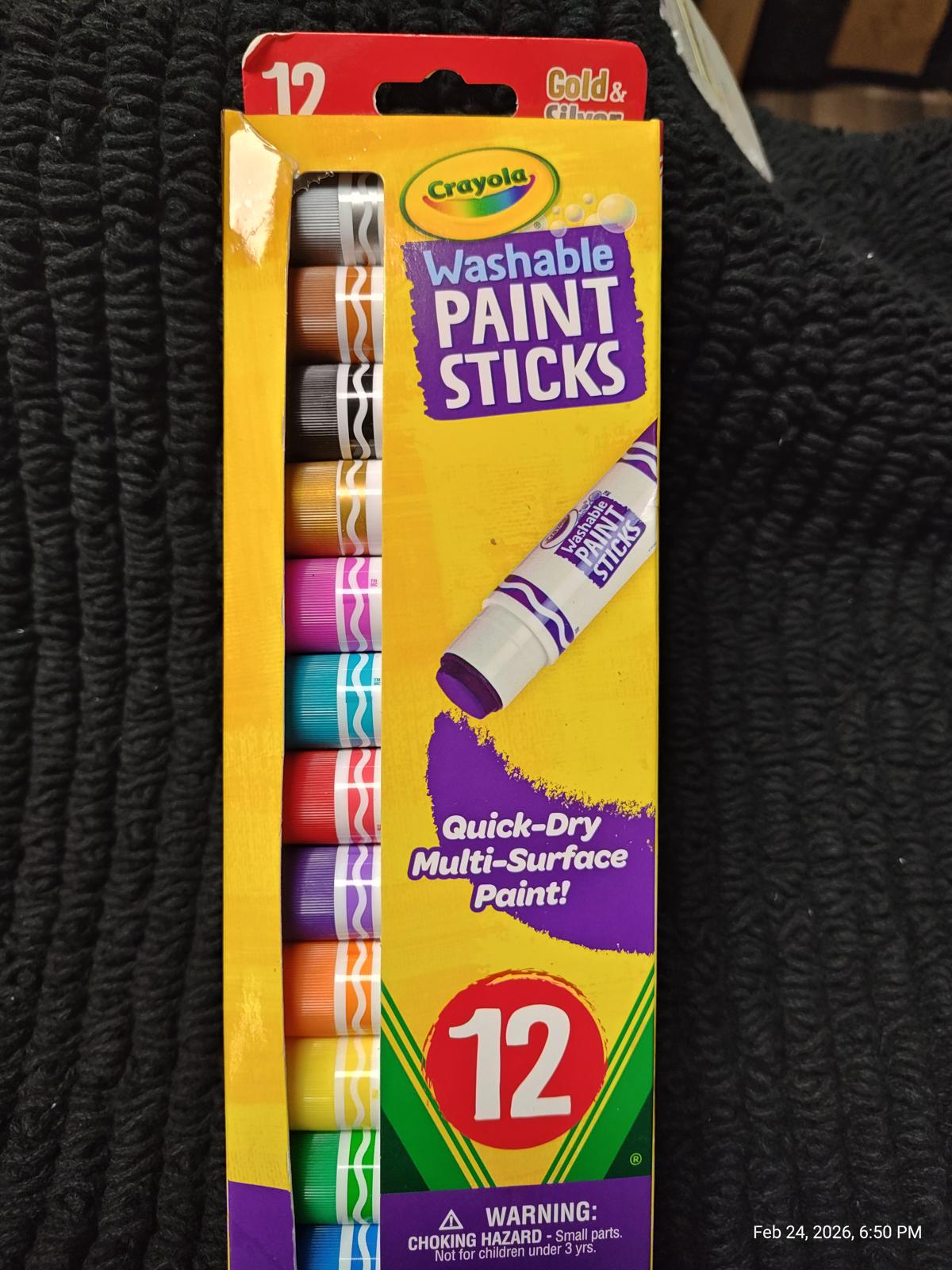 Crayola Washable Paint Sticks set of 12 in vibrant colors for quick-dry multi-surface painting.