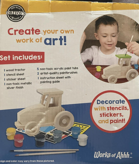 Create Your Own Art! set includes a wood tractor, stencil sheet, and non-toxic paint for kids.