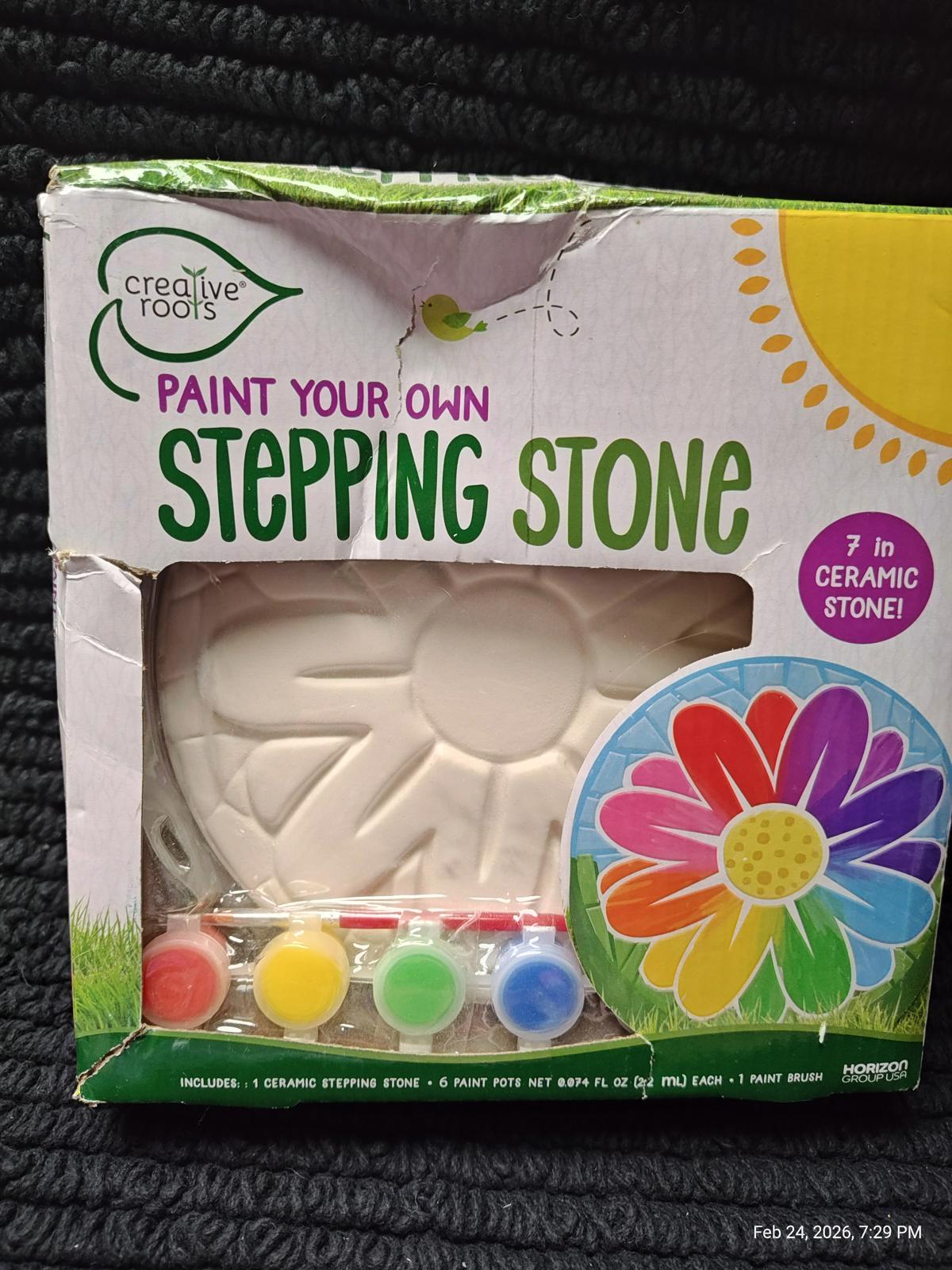 Creative Roots Paint Your Own Stepping Stone kit with flower design and paint colors.