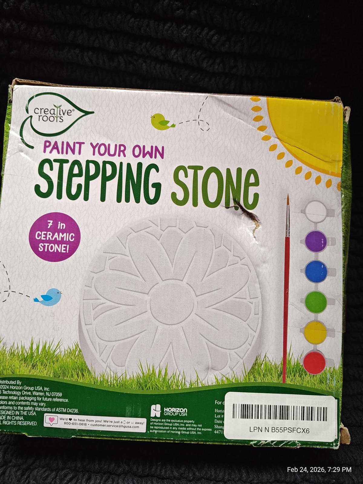 Creative Roots paint your own stepping stone kit with flower design and paint colors.