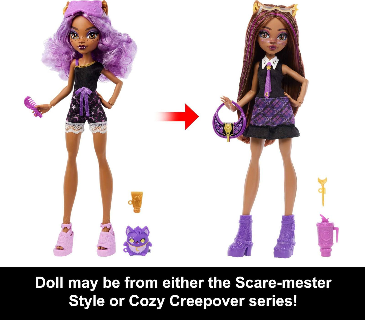 Creepover Doll with purple hair and stylish outfit, showcasing two looks with accessories.