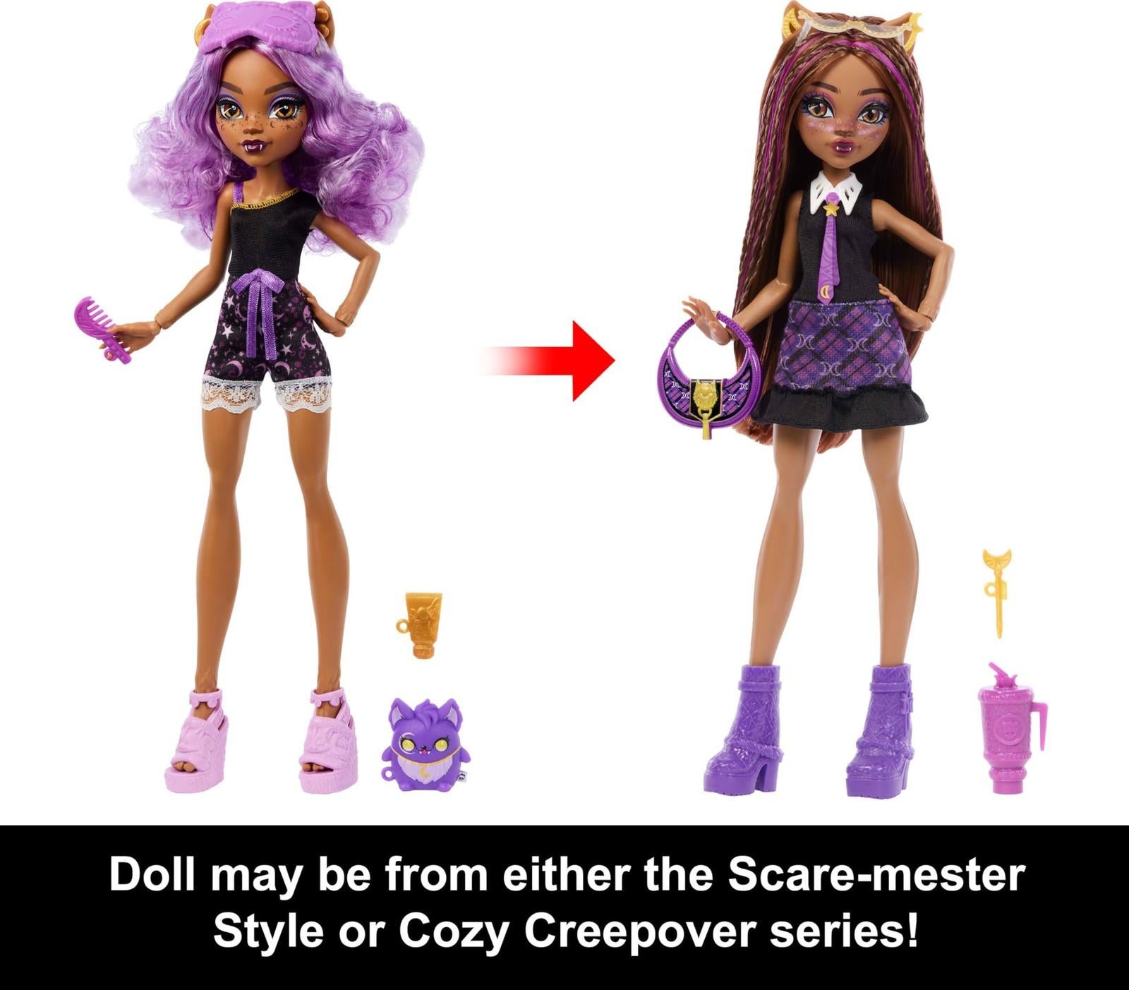 Creepover Doll with purple hair and stylish outfit, showcasing two looks with accessories.
