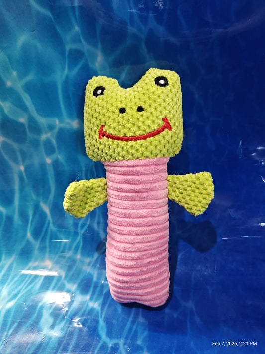 Crochet Frog Toy with Pink Body and Green Head, perfect for kids.