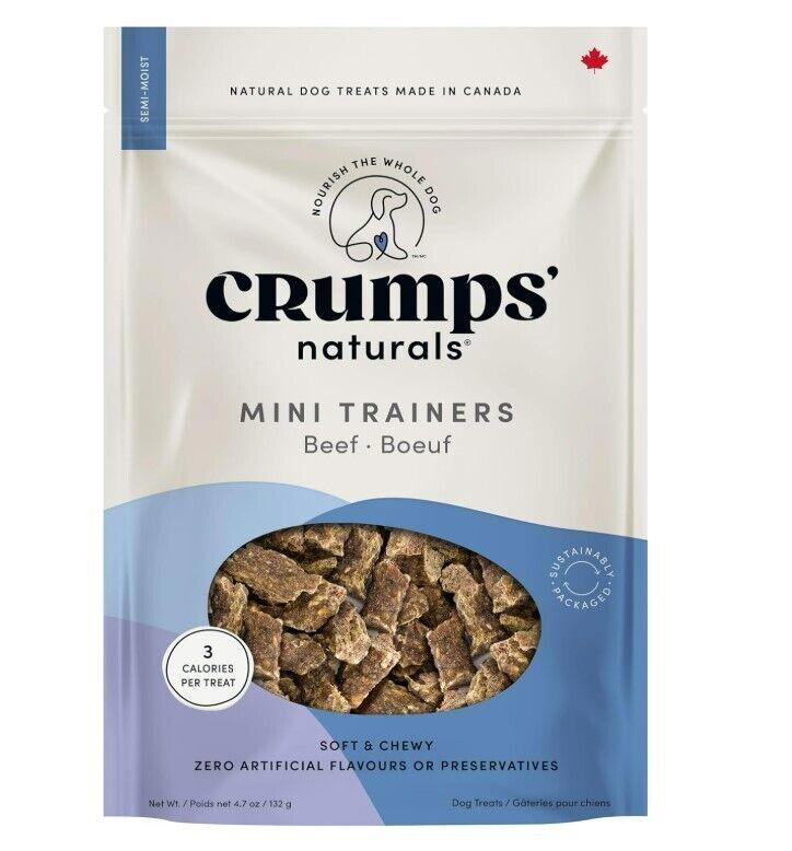 Crumps' Naturals Mini Trainers beef dog treats in a resealable bag, soft and chewy.
