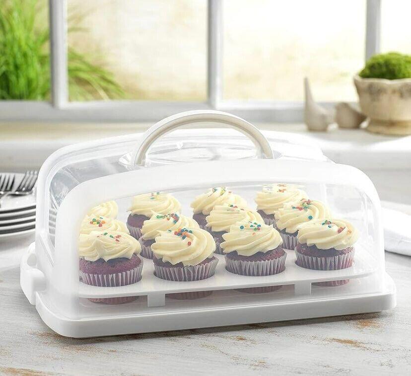 Cupcake carrier with purple cupcakes topped with frosting and sprinkles, perfect for transporting treats.