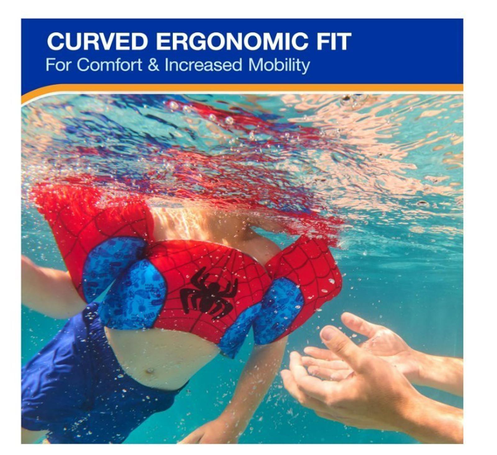 Curved Ergonomic Fit swim vest designed for comfort and increased mobility, featuring a colorful Spider-Man design.