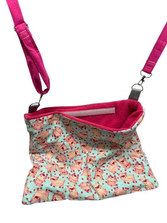 Cute Cat Print Crossbody Bag with Pink Straps and Lining.