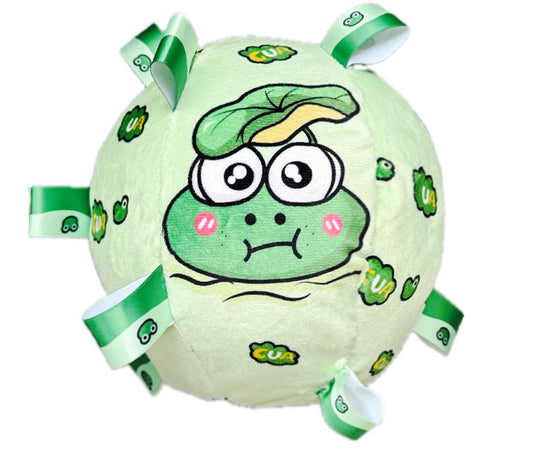 Cute Green Frog Plush Toy with Leaf Design and Colorful Tags.