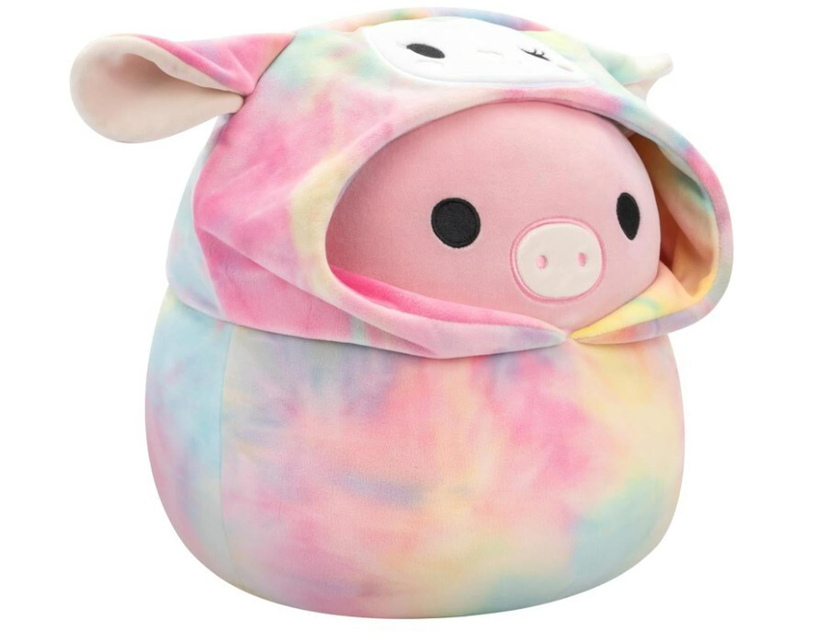 Cute Pig Plush Toy with a colorful tie-dye hoodie, featuring adorable facial details.