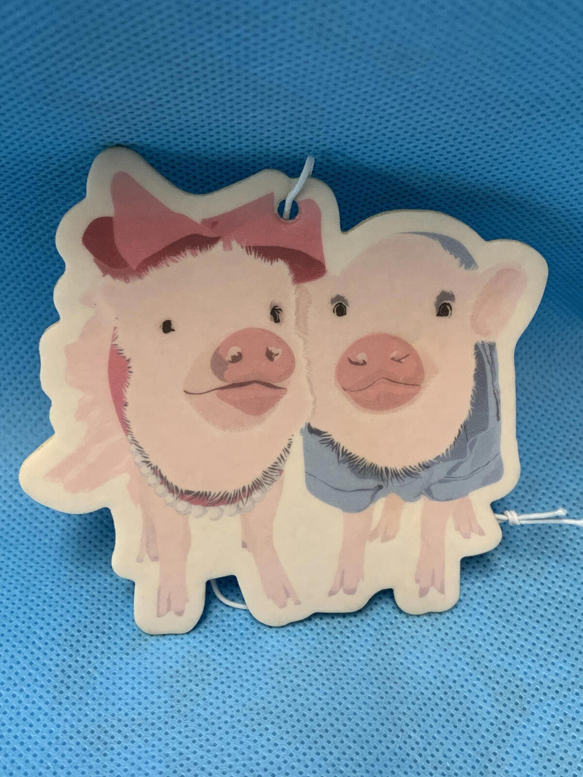 Cute pig tag featuring two adorable pigs with a pink bow and blue shirt.