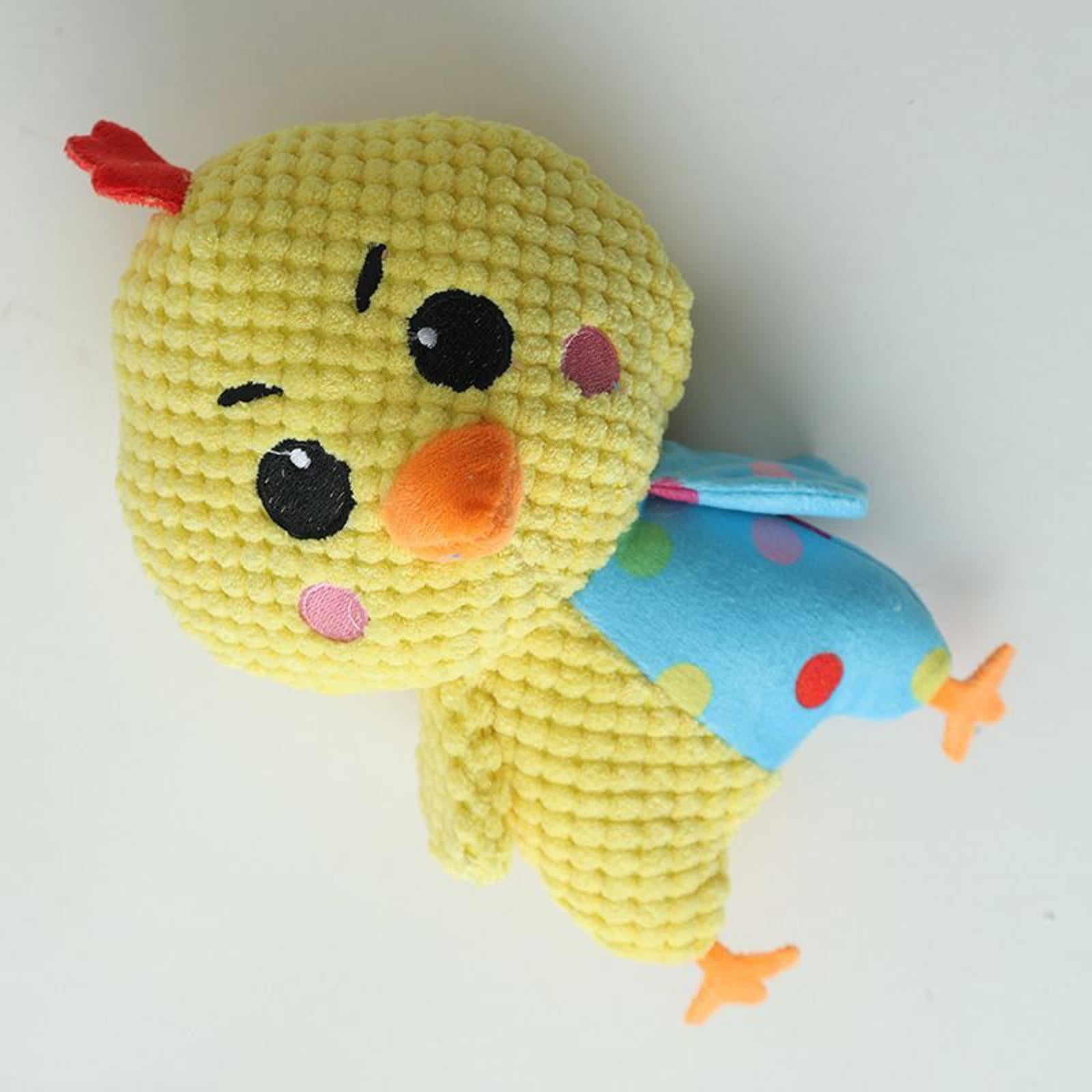 Cute yellow chick plush toy with colorful polka dots and a cheerful expression.