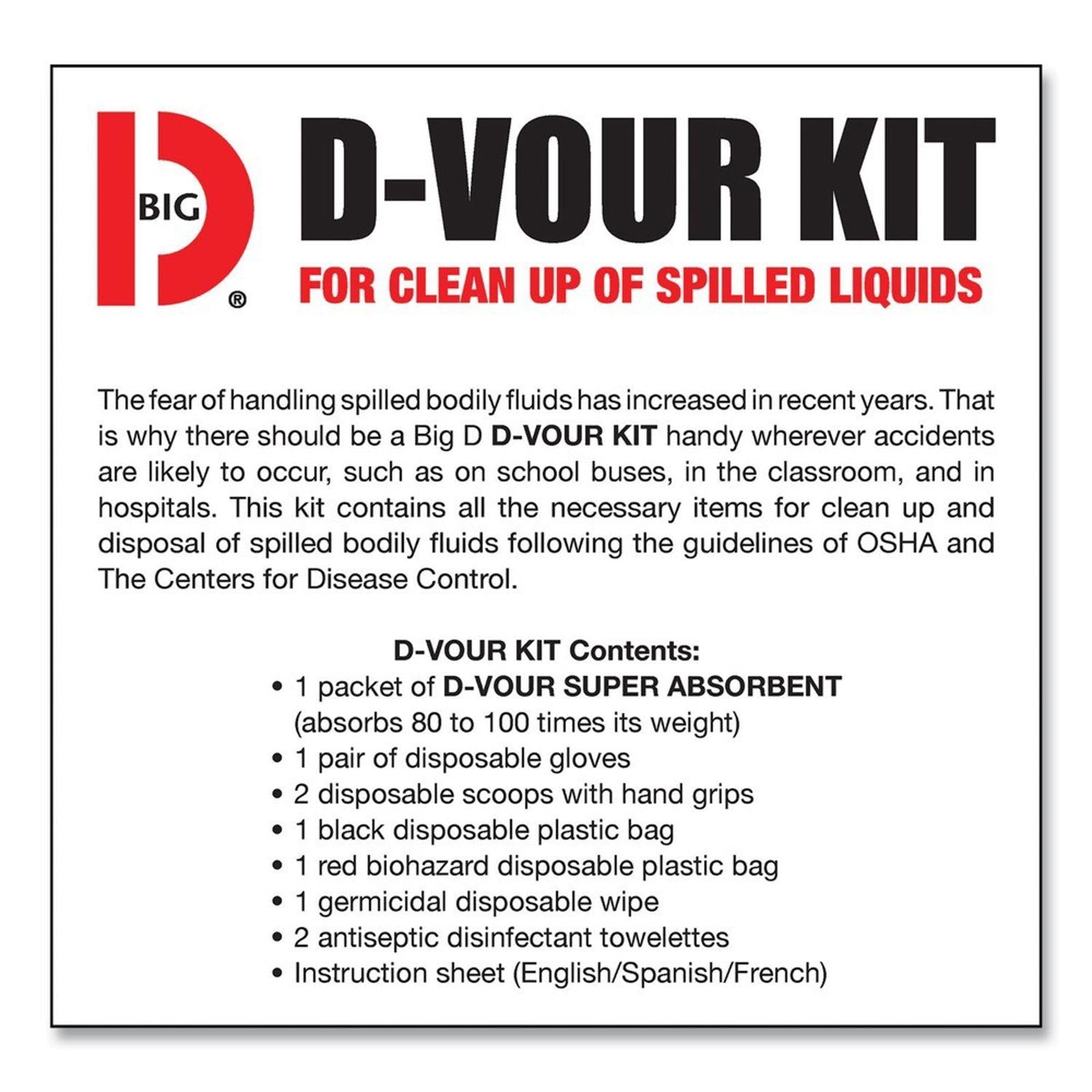 D-Vour Kit for clean up of spilled liquids, includes super absorbent powder and disposable items.