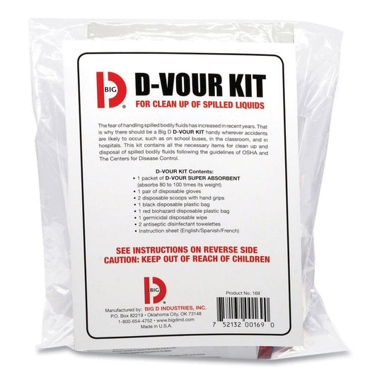 D-Vour Kit for clean up of spilled liquids, includes absorbent materials and safety instructions.