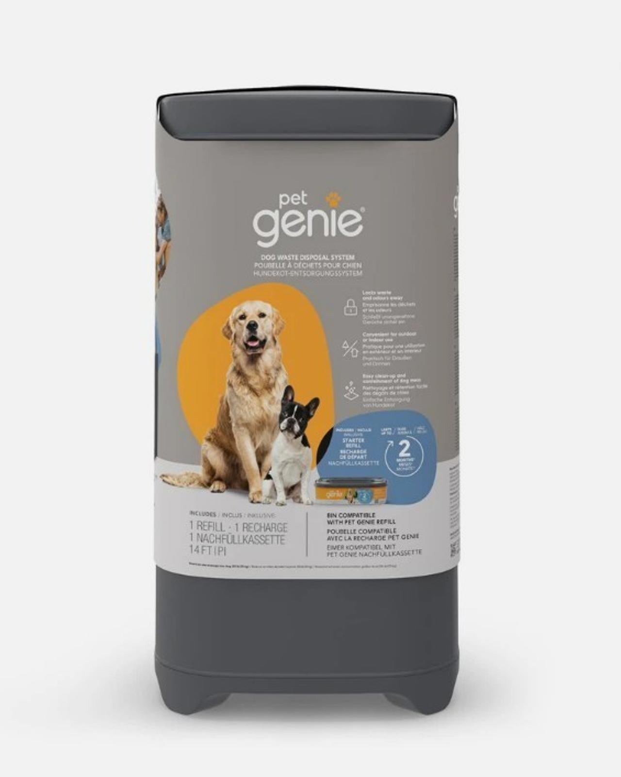 Pet Genie pet waste disposal system with a gray container and images of dogs on the packaging.