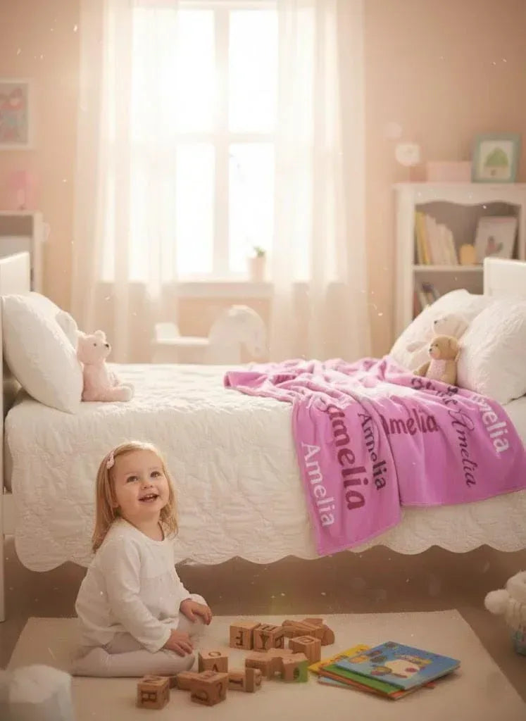 Personalized Name Blanket | Custom Initial & Repeated Name | Pink Fleece Throw Gift