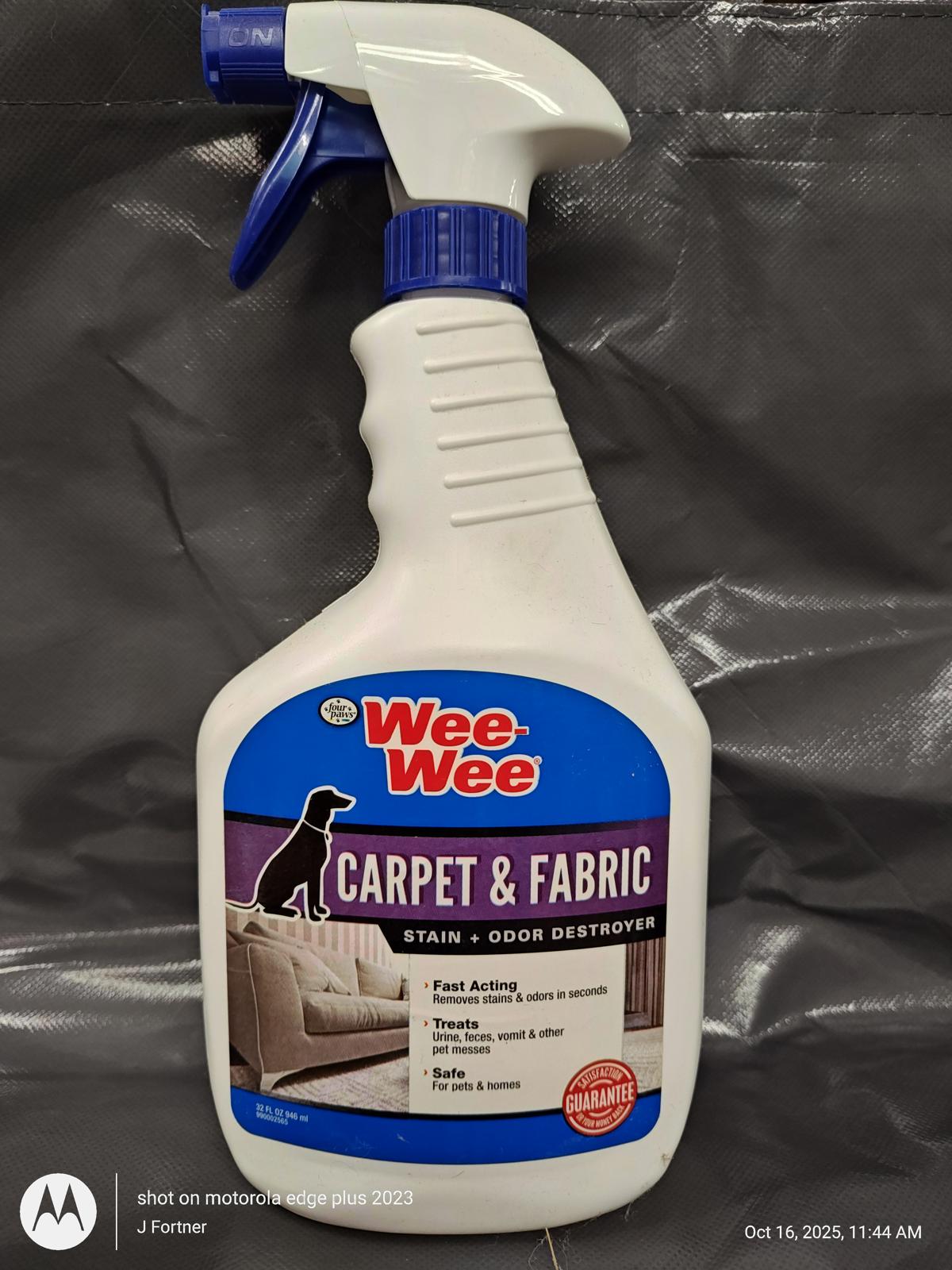 Wee-Wee Carpet & Fabric stain and odor destroyer in a spray bottle, featuring a fast-acting formula.