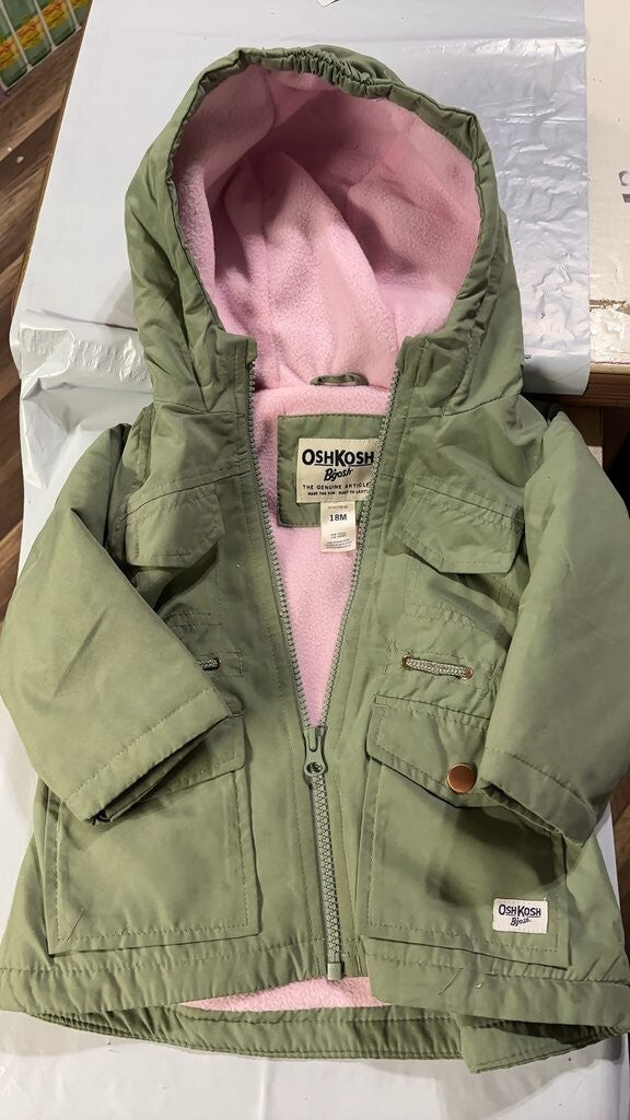 OshKosh B'gosh Infant Green Hooded Jacket with Pink Fleece Lining 18 months size
