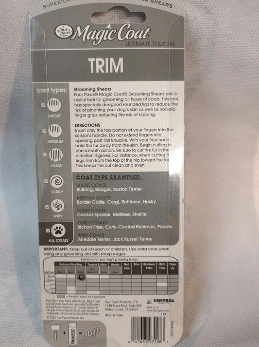 Magic Coat Trim grooming shears with detailed instructions and coat type examples.