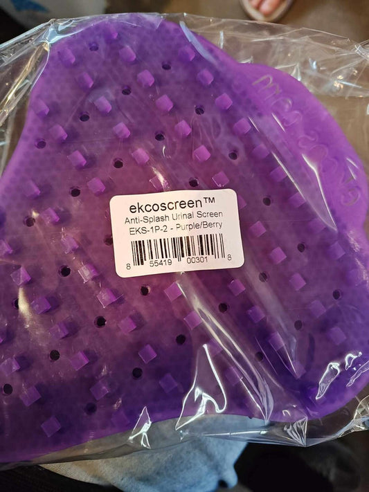 Ekcocscreen anti-splash urinal screen in purple and berry colors, featuring a textured surface.