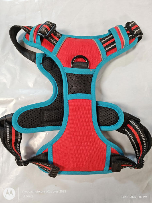 Red and blue dog harness with padded straps and adjustable features.